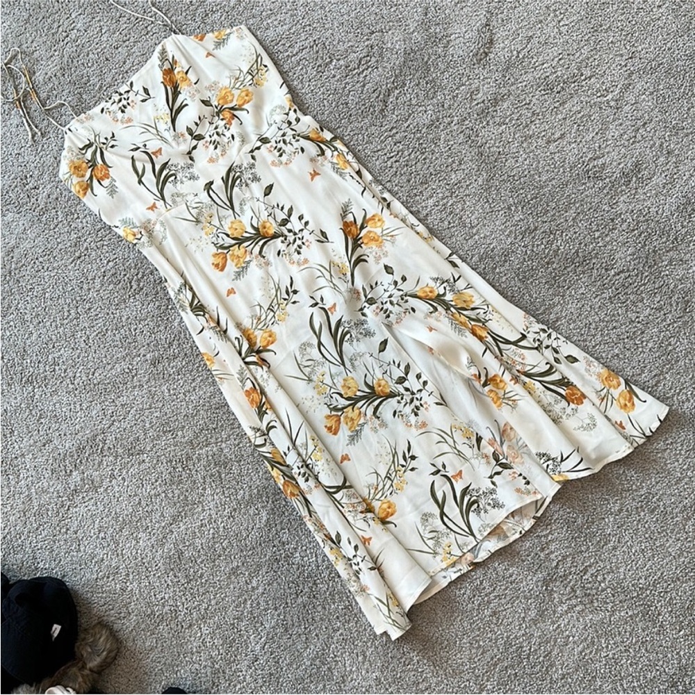 Reformation - White and Gold Sweetheart Midi Dress - Size 6